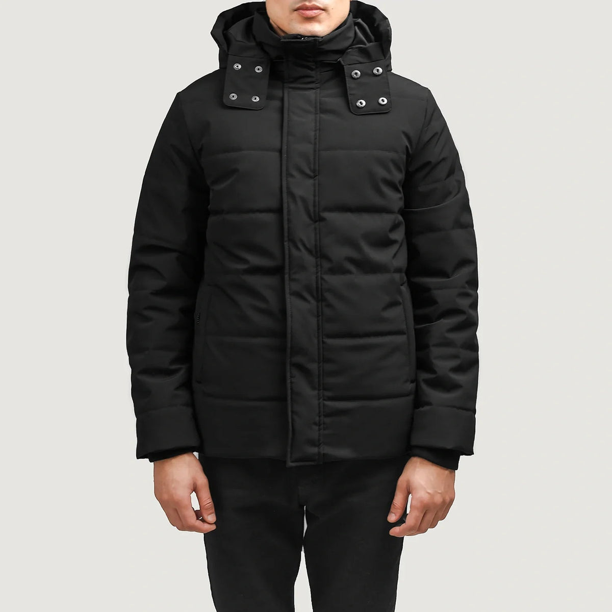 Exton Schwarz Hooded Down Puffer Lederjacke für Herren in Black Full-Grain Leather - Vorderansicht &amp; maßgeschneiderte Silhouette | Online Kaufen