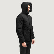 Exton Schwarz Hooded Down Puffer Lederjacke für Herren - Seitenansicht mit ergonomischem Ärmelschnitt