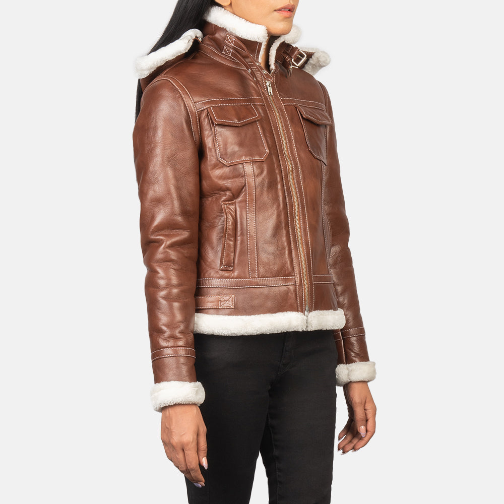 
Detailansicht of High Neck with Belt & Zipper Hardware on Fiona Brown Hooded Shearling Leather Jacket