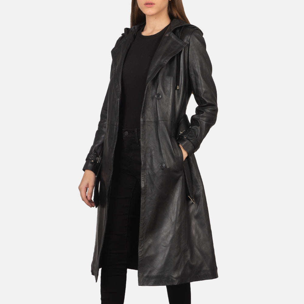Fixon Hooded Black Trench Coat in Black Sheepskin Leather - Vorderansicht & maßgeschneiderte Silhouette | Online Kaufen