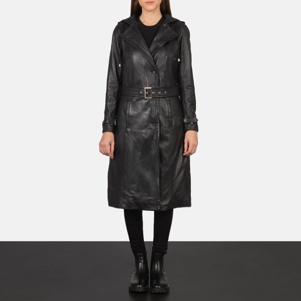 
Fixon Hooded Schwarz Leder-Trenchcoat für Damen - Seitenansicht mit ergonomischem Ärmelschnitt & sportlicher Passform