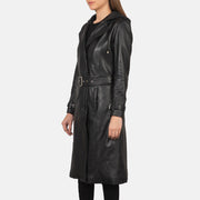 
Detailansicht of Hooded & Button + Belt Hardware on Fixon Hooded Schwarz Leder-Trenchcoat für Damen
