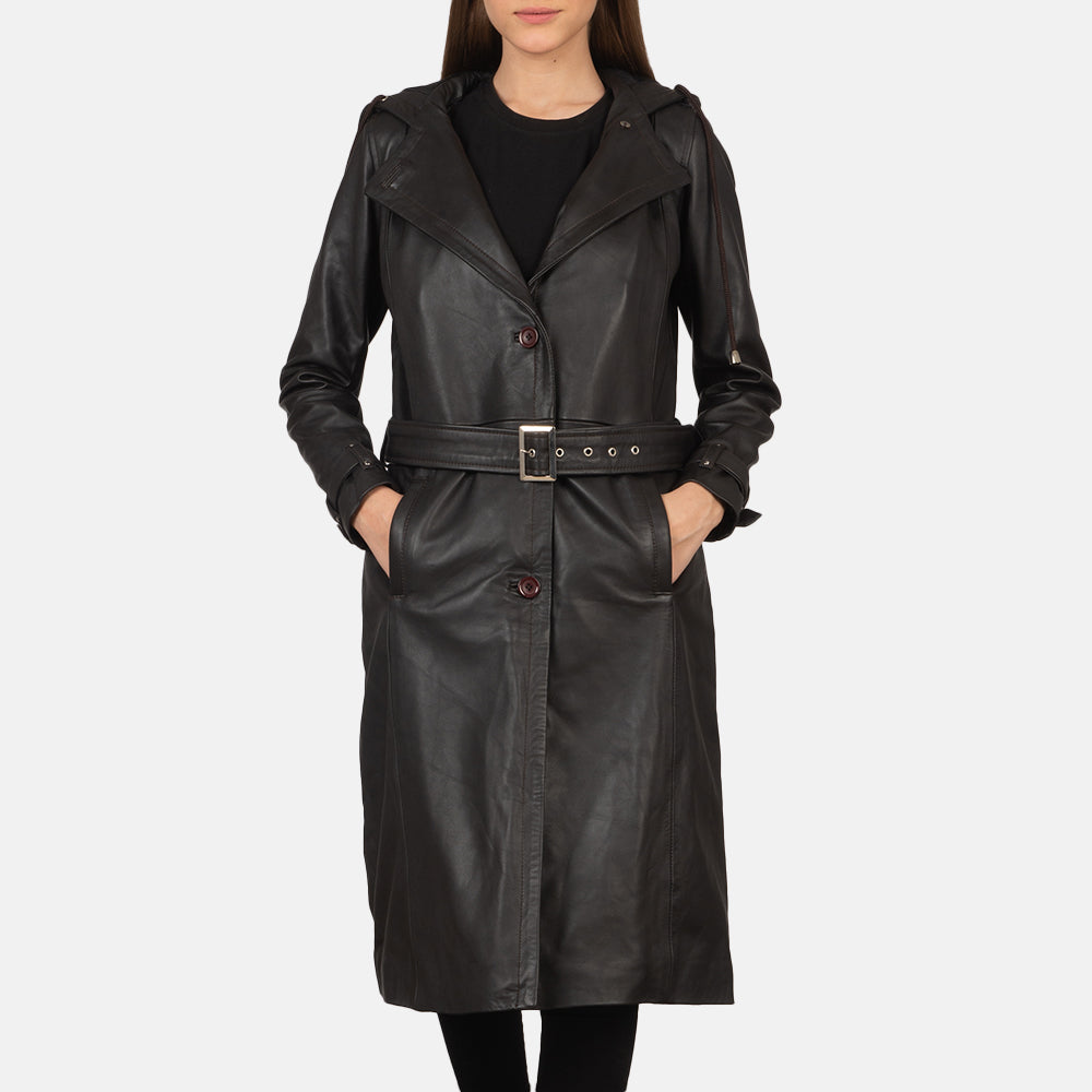 Fixon Hooded Brown Trench Coat in Brown Sheepskin Leather - Vorderansicht & maßgeschneiderte Silhouette | Online Kaufen