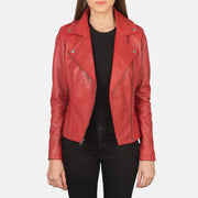 Women's Flashback Red Leather Biker Jacket - Seitenansicht mit ergonomischem Ärmelschnitt