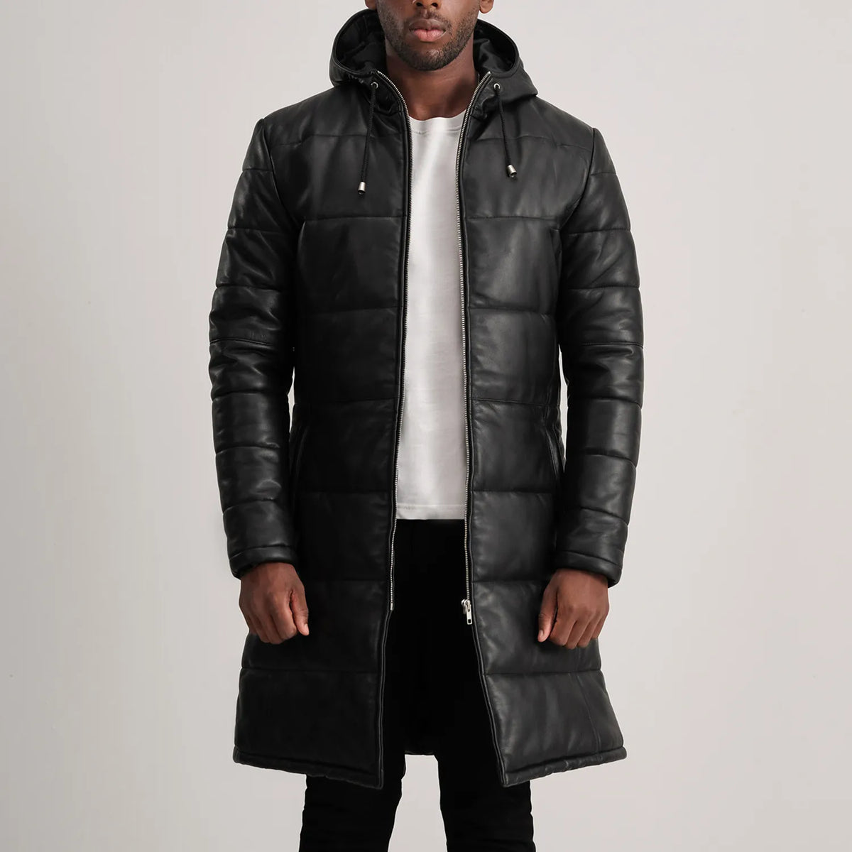 
Floyd Tan Hooded Leather Puffer Coat in Tan Brown Sheepskin Leather - Vorderansicht & maßgeschneiderte Silhouette | Online Kaufen