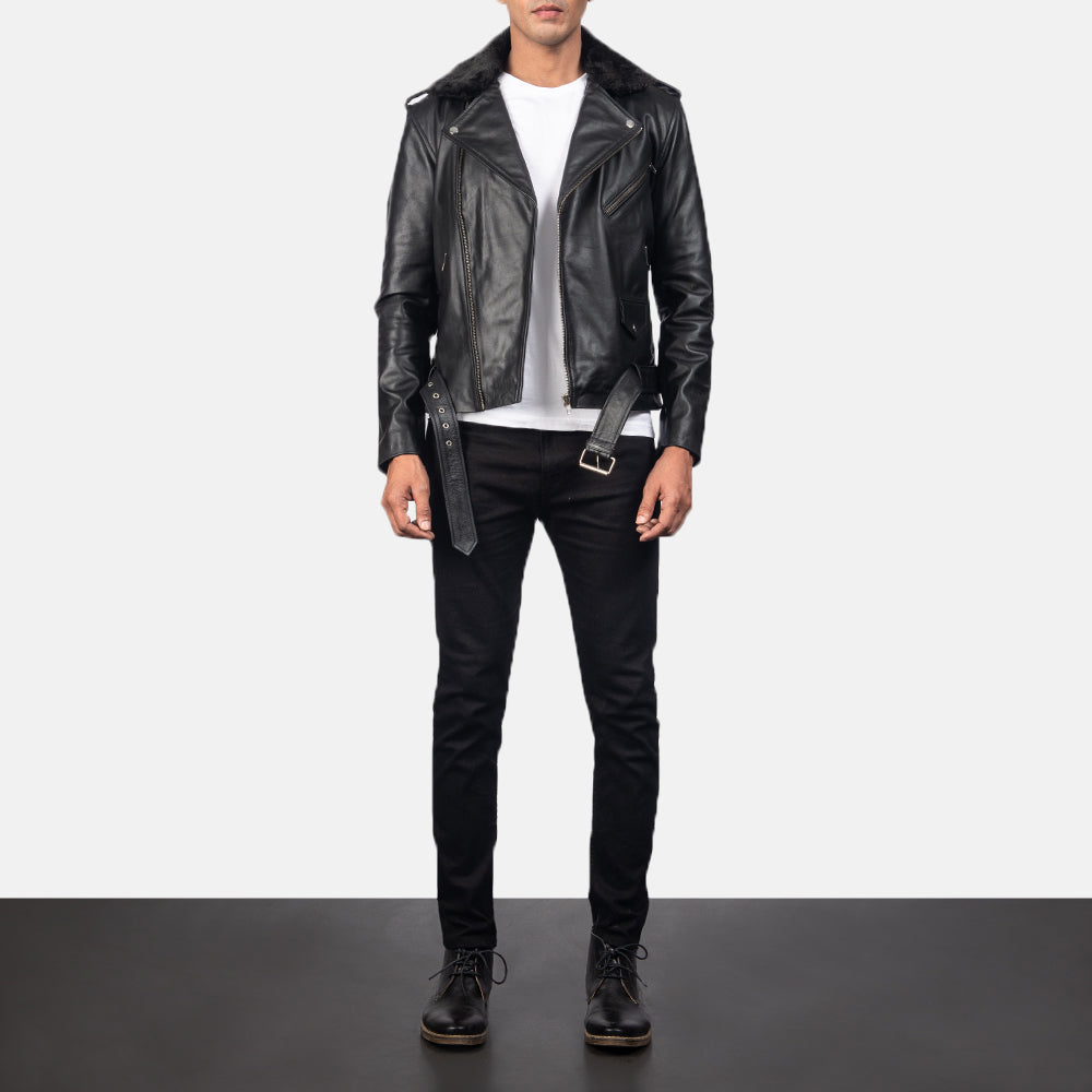 Men's Furton Black Leather Biker Jacket - Seitenansicht mit ergonomischem Ärmelschnitt