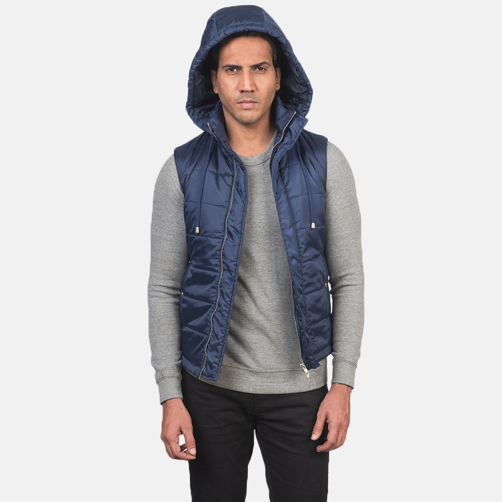 
Detailansicht of Band with Removable Hood & Zipper with dual puller and wind flap Hardware on Fuston Blau Kapuzen-Steppweste für Herren
