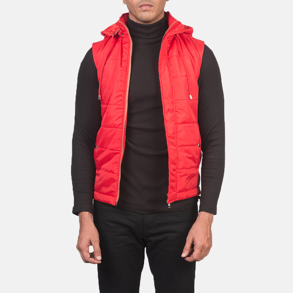
Fuston Rot Kapuzen-Steppweste für Herren in Red Nylon - Vorderansicht & maßgeschneiderte Silhouette | Online Kaufen