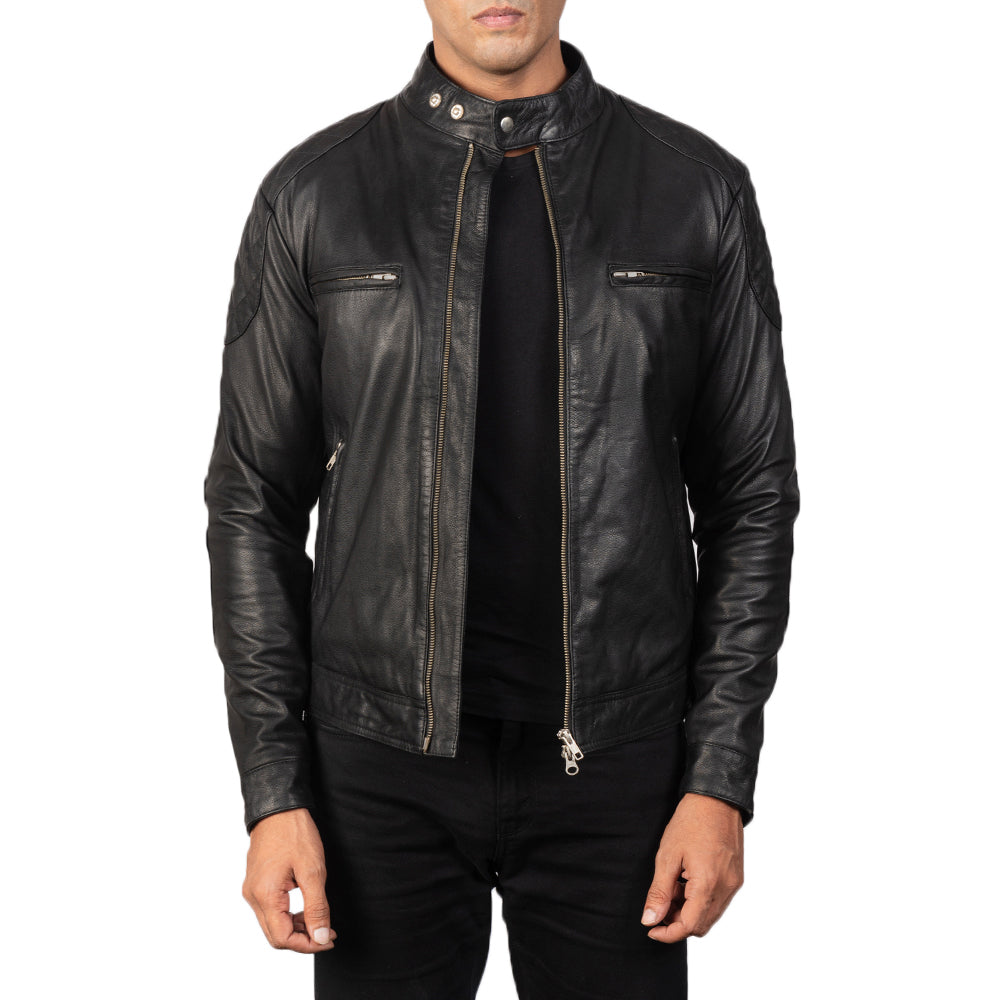 
Gatsby Quilted Black Leather Biker Jacket in Black Goatskin Leather - Vorderansicht & maßgeschneiderte Silhouette | Online Kaufen