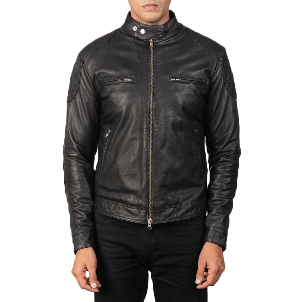 
Detailansicht of Band with snap buttons & Zipper Hardware on Gatsby Quilted Black Leather Biker Jacket
