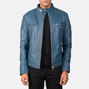 Men's Gatsby Quilted Blue Leather Biker Jacket in Blue Sheepskin Leather - Vorderansicht &amp; maßgeschneiderte Silhouette | Online Kaufen