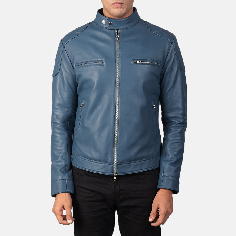 Detailansicht of Band with snap buttons &amp; Zipper Hardware on Men's Gatsby Quilted Blue Leather Biker Jacket