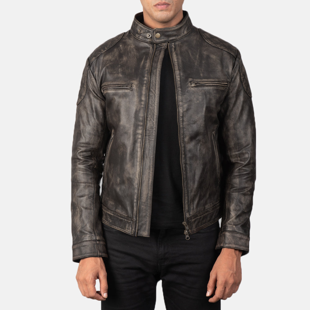 Men's Gatsby Quilted Distressed Brown Leather Jacket in Distressed Brown Goatskin Leather - Vorderansicht &amp; maßgeschneiderte Silhouette | Online Kaufen