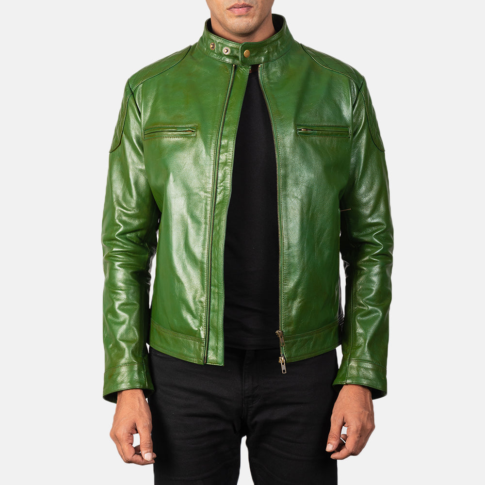 Men's Gatsby Quilted Green Leather Biker Jacket in Green Sheepskin Burnishing - Vorderansicht &amp; maßgeschneiderte Silhouette | Online Kaufen