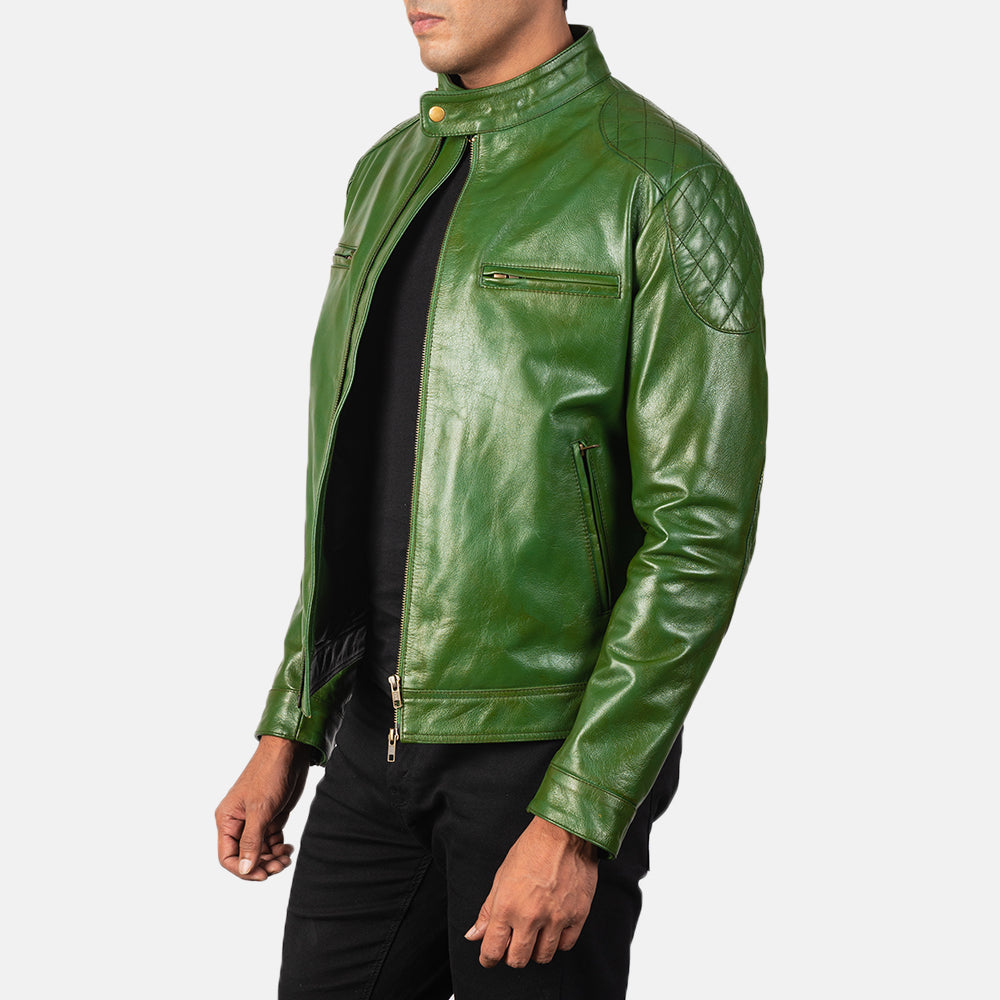 Green Sheepskin Burnishing Biker Jacket - Rückansicht mit passgenauen Schultern &amp; sauberem Saum