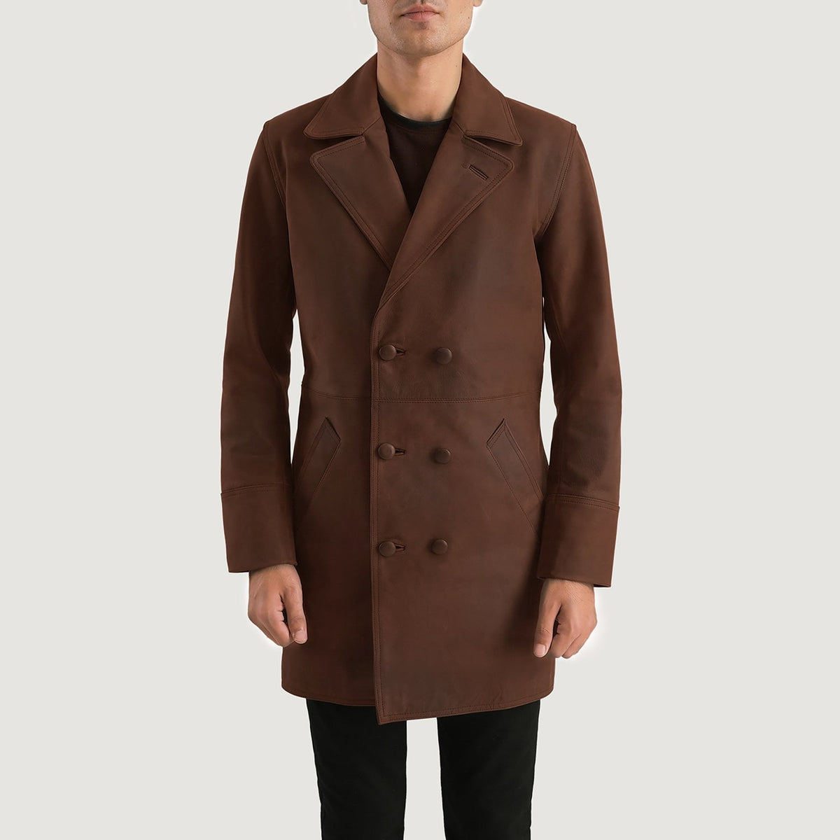 Men's Half Life Braun Ledermantel für Herren in Distressed Brown Cowhide Leather - Vorderansicht &amp; maßgeschneiderte Silhouette | Online Kaufen