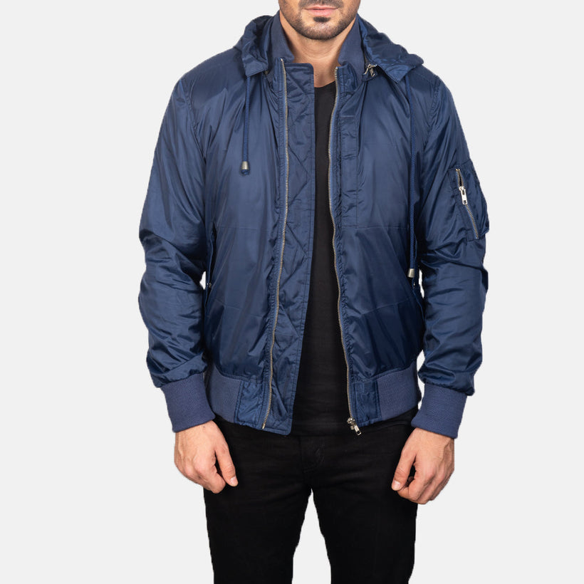 Men's Blue Hooded Bomber Jacket in Blue Nylon - Front Profile View & Tailored Silhouette | Buy Online