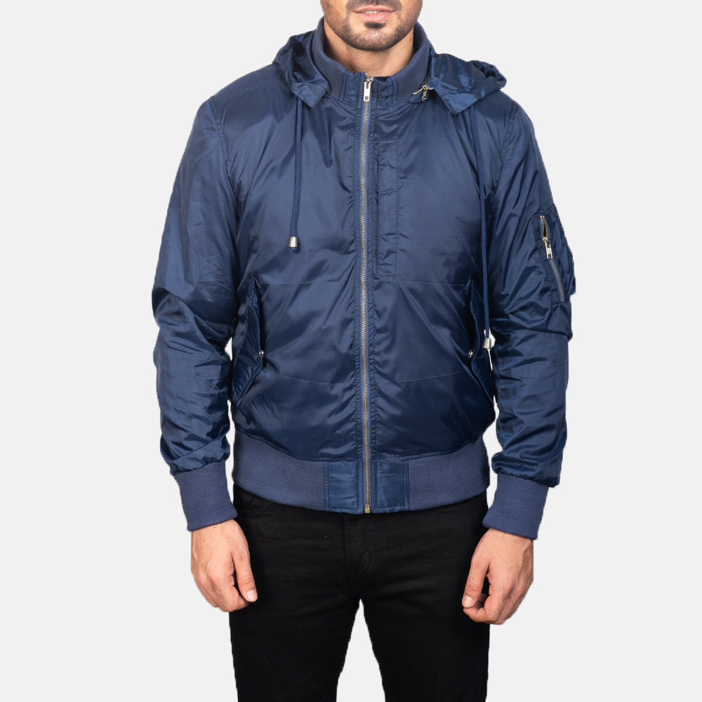 
Detailansicht of Knit Rib with Removable Nylon Hood & Zipper Hardware on Blue Hooded Bomber Jacket