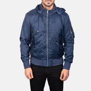 
Detailansicht of Knit Rib with Removable Nylon Hood & Zipper Hardware on Blue Hooded Bomber Jacket