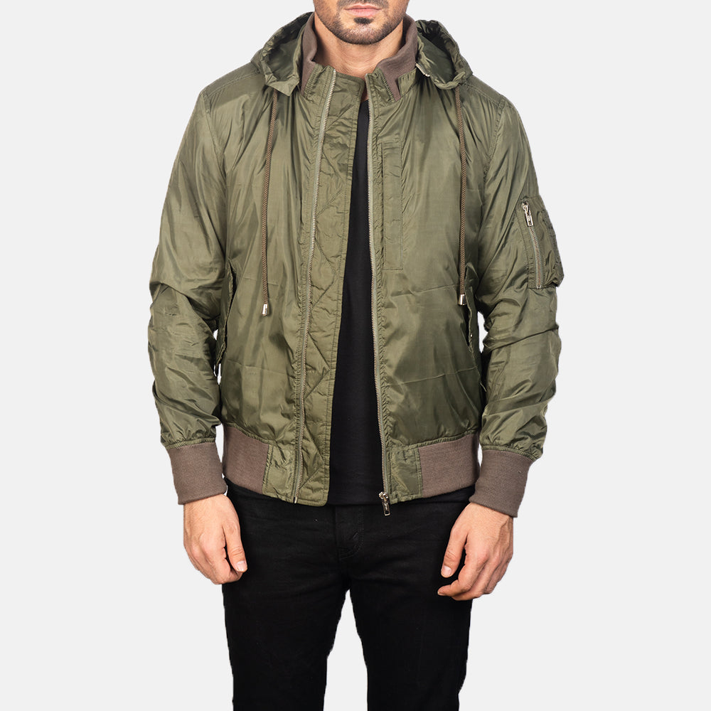 
Hanklin Ma-1 Green Hooded Bomber Jacket in Green Nylon - Vorderansicht & maßgeschneiderte Silhouette | Online Kaufen