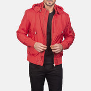 
Hanklin Ma-1 Red Hooded Bomber Jacket in Red Nylon - Vorderansicht & maßgeschneiderte Silhouette | Online Kaufen