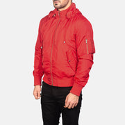 
Red Nylon Bomber Jacket - Rückansicht mit passgenauen Schultern & sauberem Saum