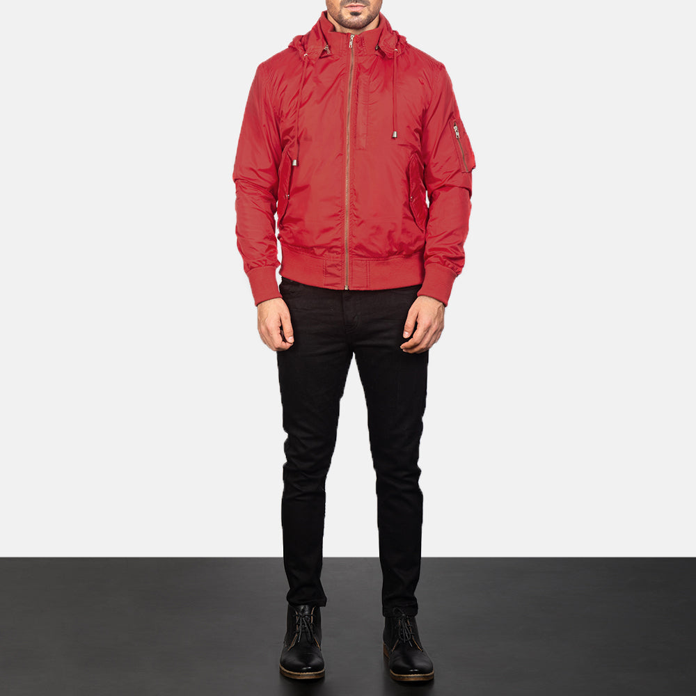 
Hanklin Ma-1 Red Hooded Bomber Jacket - Seitenansicht mit ergonomischem Ärmelschnitt & sportlicher Passform