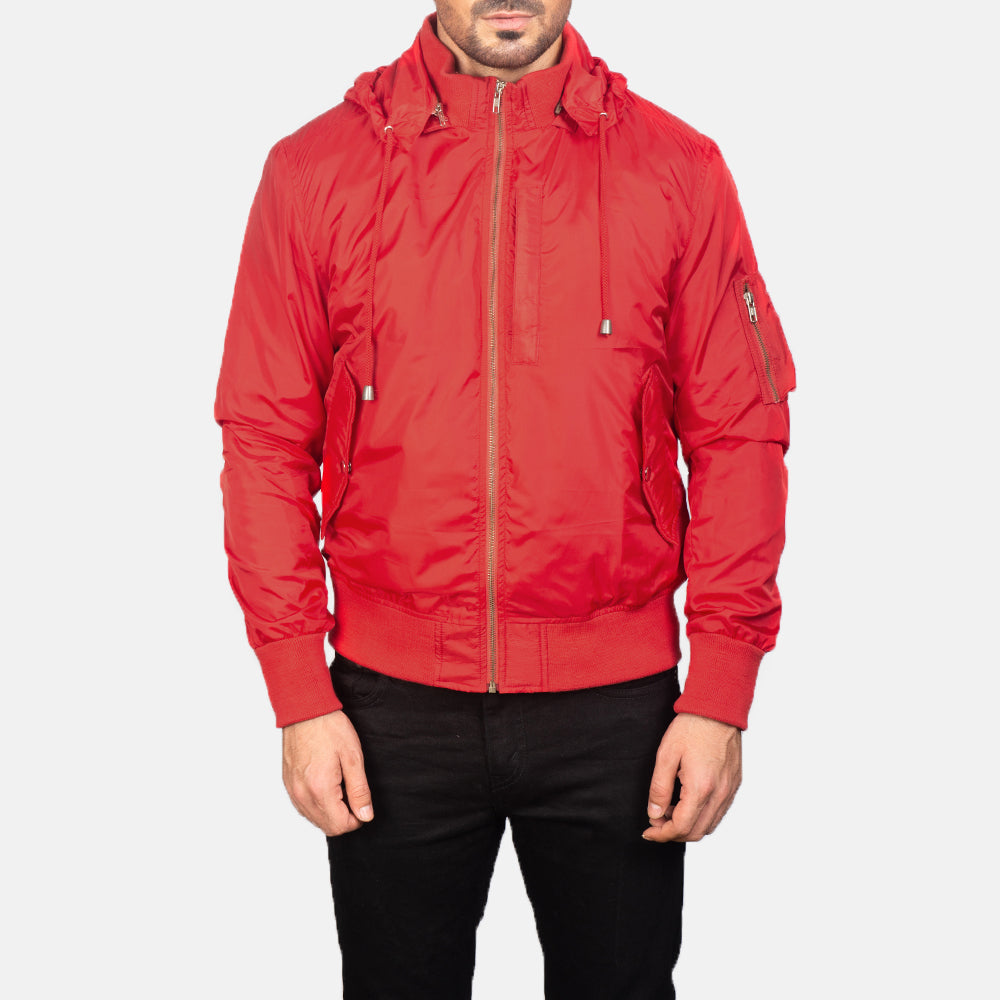 
Detailansicht of Knit Rib with Removable Nylon Hood & Zipper Hardware on Hanklin Ma-1 Red Hooded Bomber Jacket