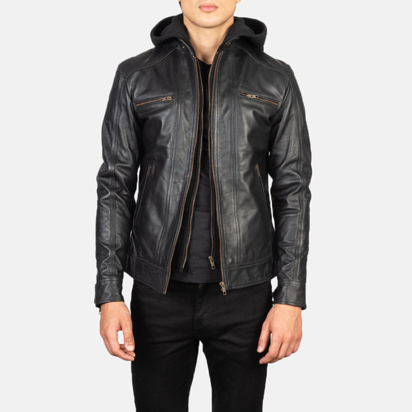 Hector Schwarz Hooded Leder-Bikerjacke für Herren