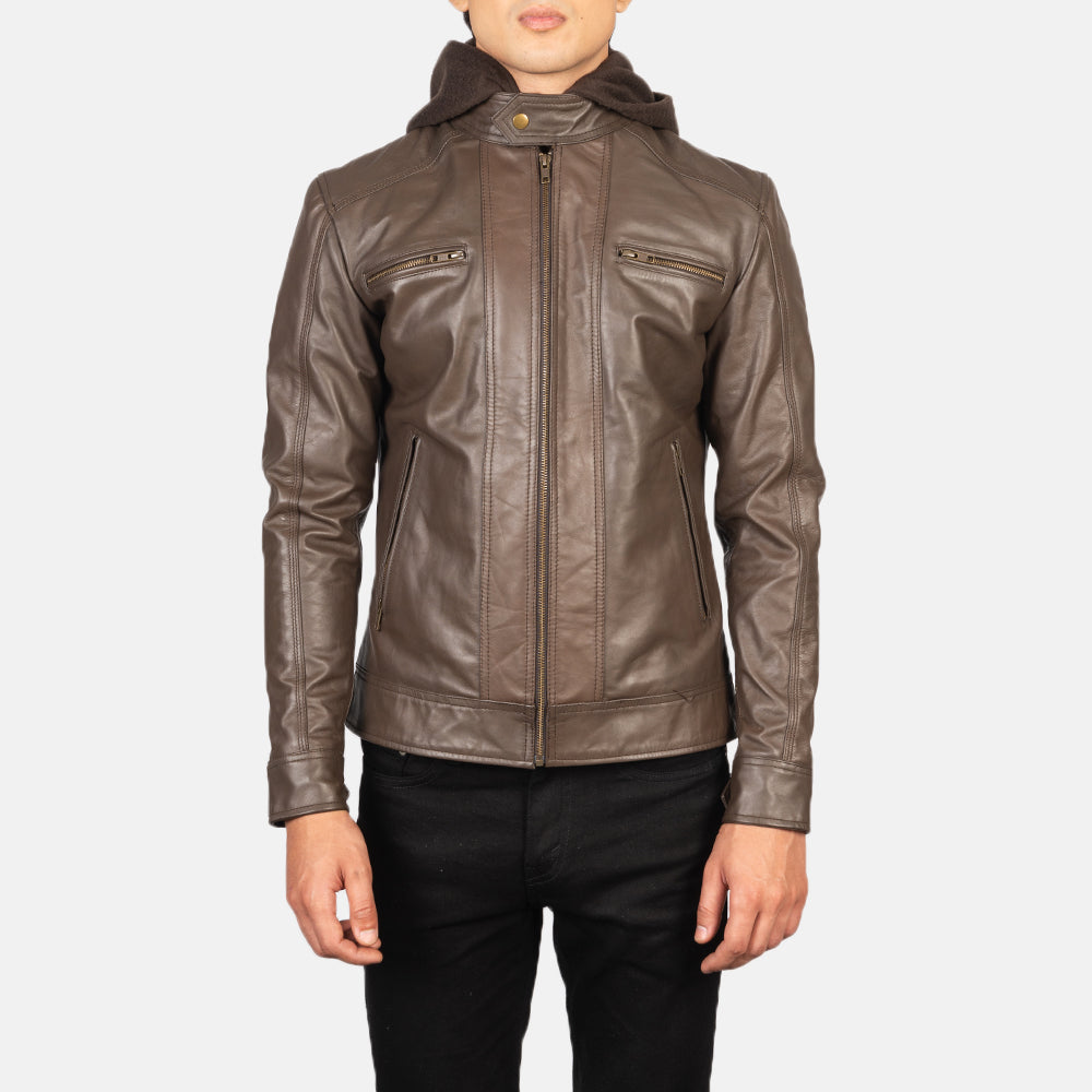 
Detailansicht of Band with Snap Button & Zipper Hardware on Hector Braun Hooded Leder-Bikerjacke für Herren