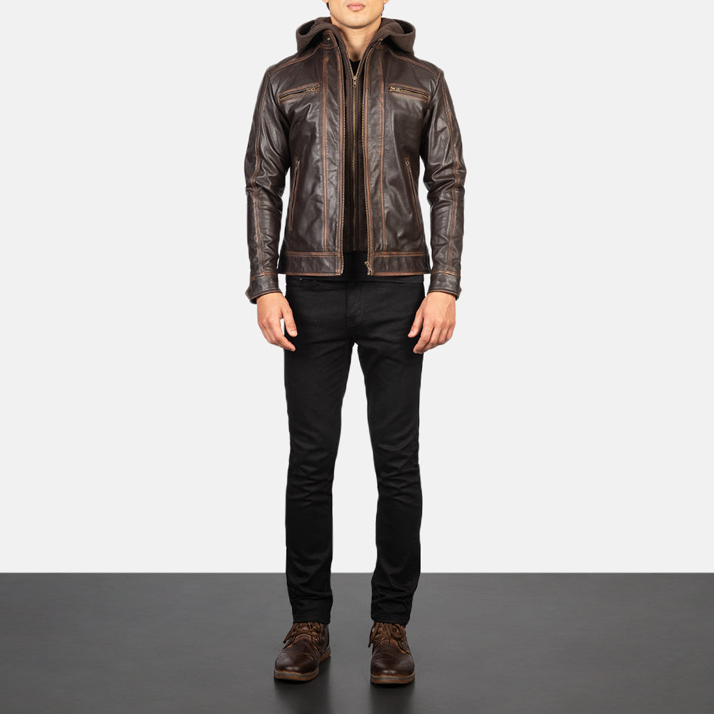 
Hector Vintage-Braun Hooded Leder-Bikerjacke für Herren - Seitenansicht mit ergonomischem Ärmelschnitt & sportlicher Passform