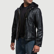 Black Cowhide Leather Hooded Jacket - Rückansicht mit passgenauen Schultern &amp; sauberem Saum