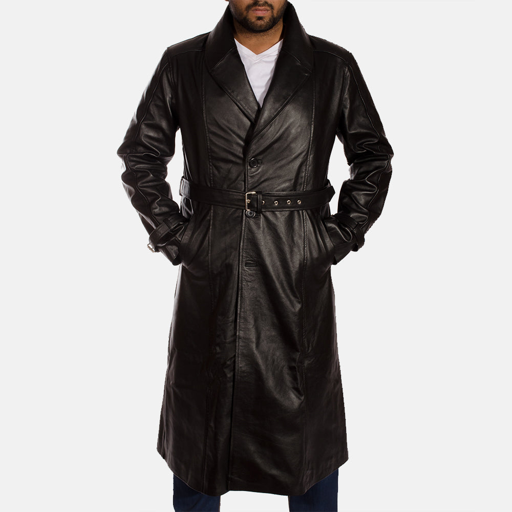
Hooligan Schwarz Leder-Trenchcoat für Herren in Black Cowhide Leather - Vorderansicht & maßgeschneiderte Silhouette | Online Kaufen