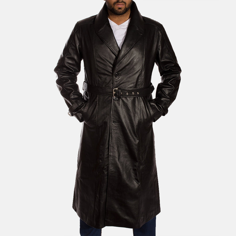 Hooligan Schwarz Leder-Trenchcoat für Herren