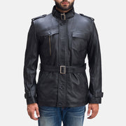Hunter Schwarz Lederjacke für Herren in Black Sheepskin Leather - Vorderansicht &amp; maßgeschneiderte Silhouette | Online Kaufen
