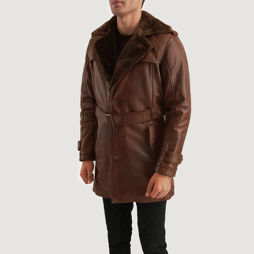 Distressed Brown Sheepskin Burnishing Winter Jacket - Back View Showing Tailored Shoulder Fit & Clean Hemline