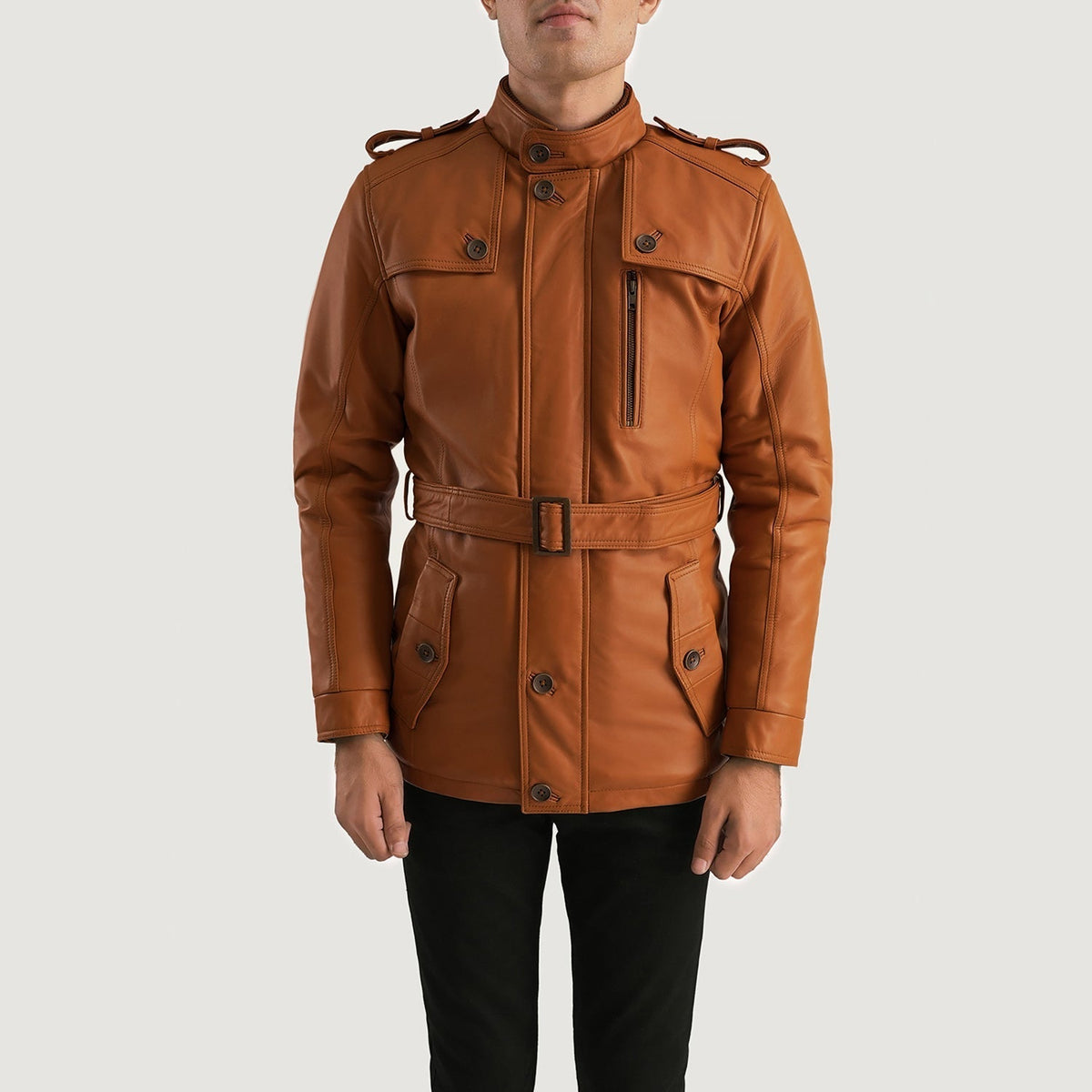 
Detailansicht of Band (Buttoned) & Zipper with Button Flap Hardware on Hunter Hellbraun Braun Fur Lederjacke für Herren