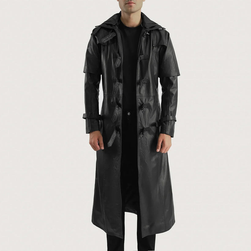 Huntsman Schwarz Hooded Leder-Trenchcoat für Herren
