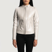 Women's Ice Maiden Silver Gesteppt Leder-Bikerjacke für Damen in Silver Sheepskin Leather - Vorderansicht &amp; maßgeschneiderte Silhouette | Online Kaufen