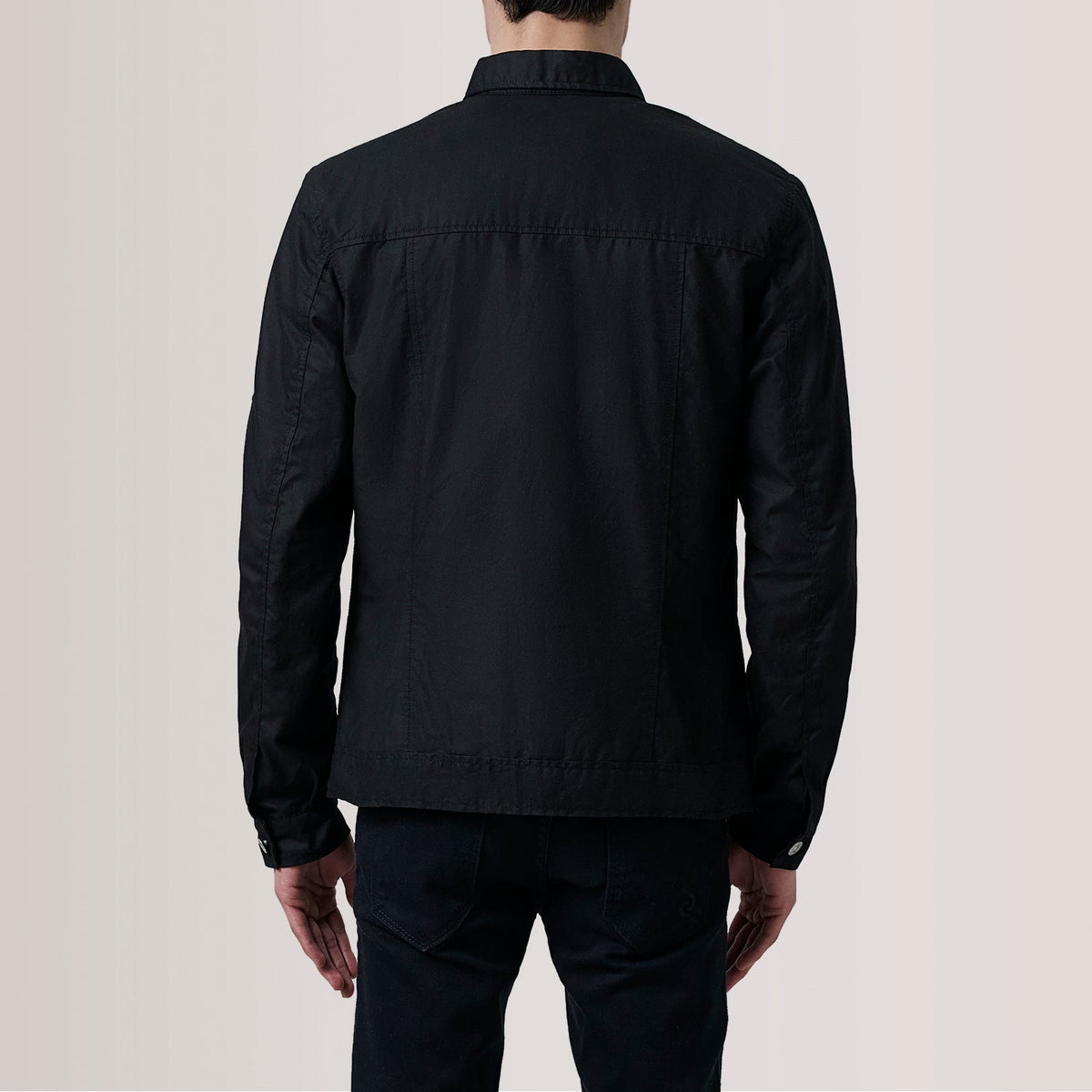 
Detailansicht of Classic Collar & Button Hardware on Irwin Schwarz Waxed Canvas Field Lederjacke für Herren For Men