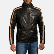 Men's Jack Schwarz Leder-Bikerjacke für Herren in Black Sheepskin Leather - Vorderansicht &amp; maßgeschneiderte Silhouette | Online Kaufen