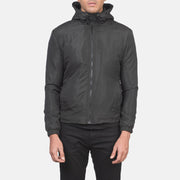 
Detailansicht of High Neck with Hood & Zipper with wind flap Hardware on Jimmy Schwarz Hooded Windbreaker Lederjacke für Herren