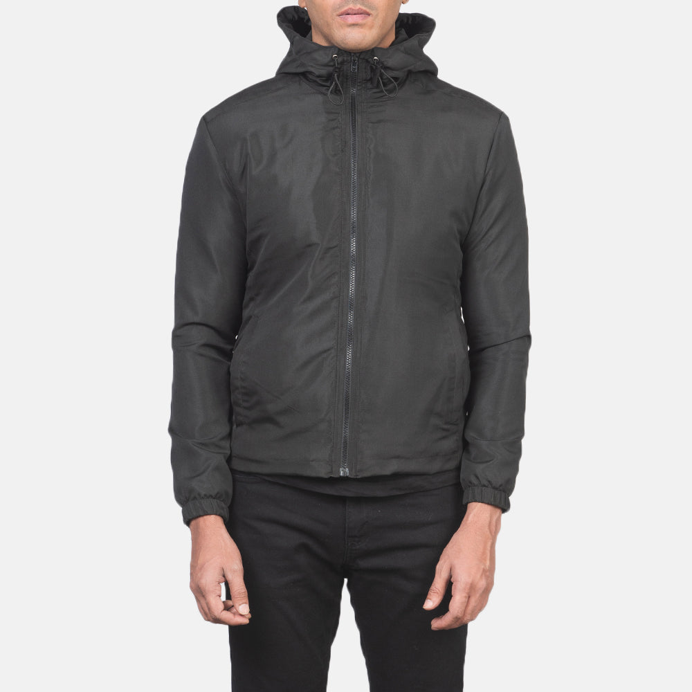 Detailansicht of High Neck with Hood & Zipper with wind flap Hardware on Jimmy Black Hooded Windbreaker Jacket