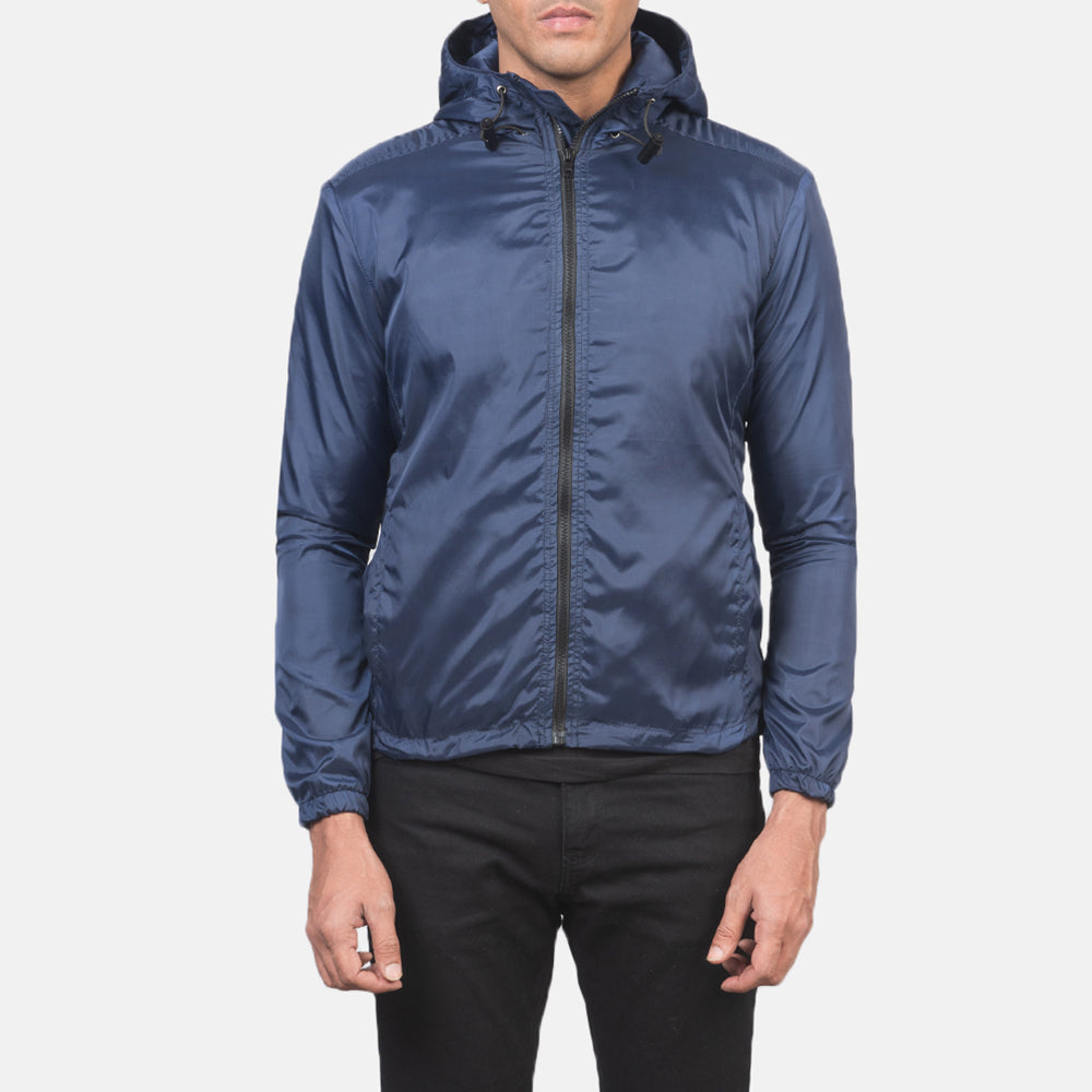 Men's Jimmy Blau Hooded Windbreaker Lederjacke für Herren in Blue Nylon - Vorderansicht &amp; maßgeschneiderte Silhouette | Online Kaufen