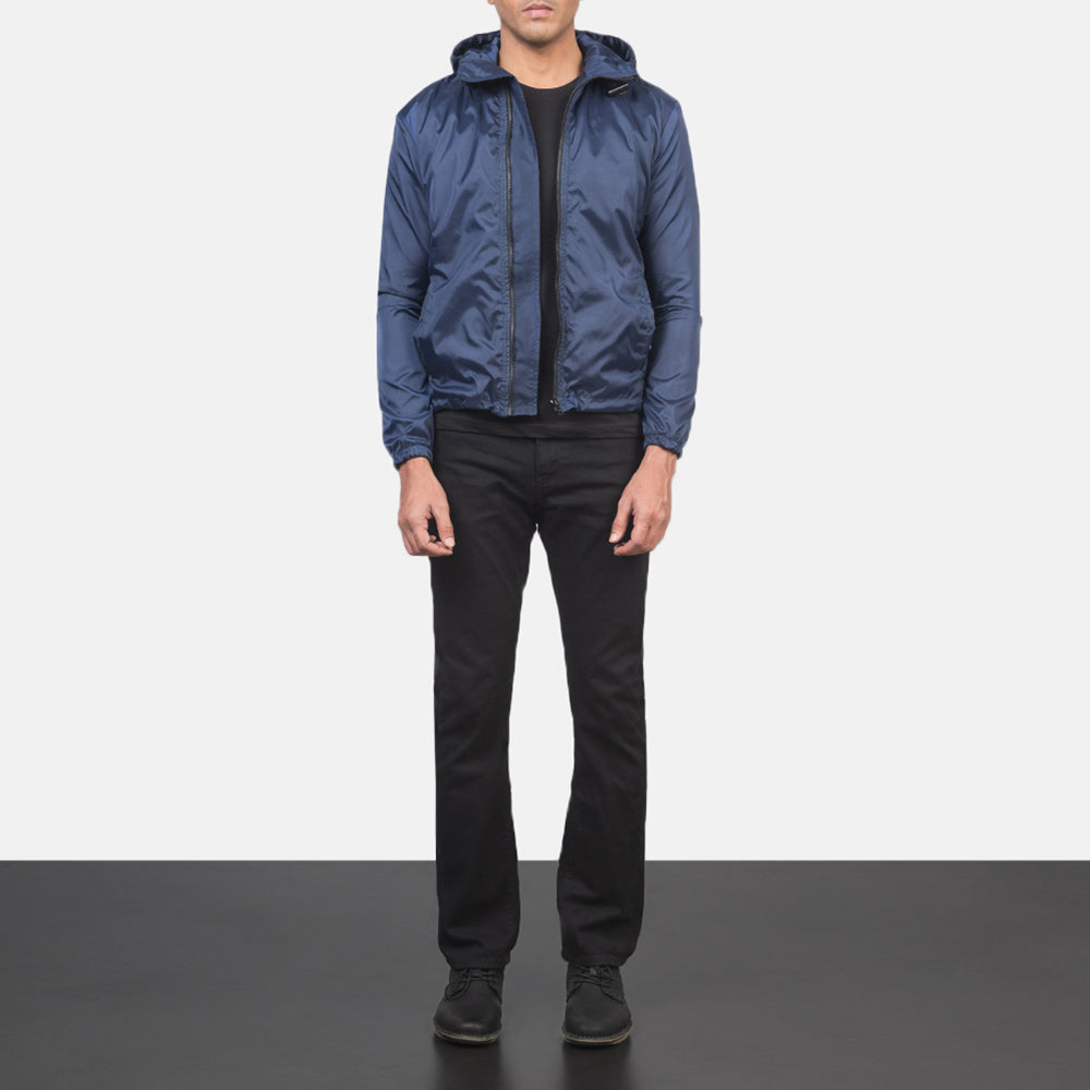 Men's Jimmy Blau Hooded Windbreaker Lederjacke für Herren - Seitenansicht mit ergonomischem Ärmelschnitt