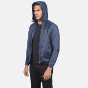 Detailansicht of High Neck with Hood &amp; Zipper with wind flap Hardware on Men's Jimmy Blau Hooded Windbreaker Lederjacke für Herren