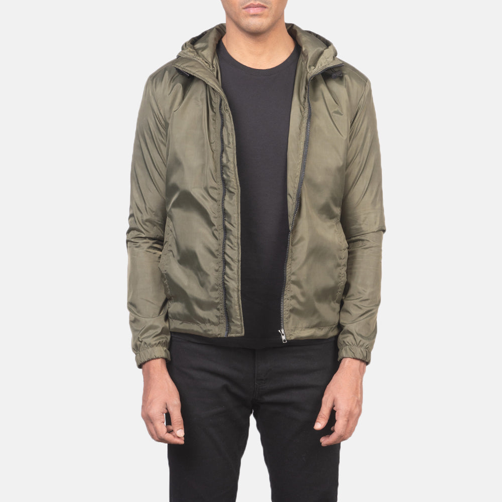 
Jimmy Grün Hooded Windbreaker Lederjacke für Herren in Green Nylon - Vorderansicht & maßgeschneiderte Silhouette | Online Kaufen
