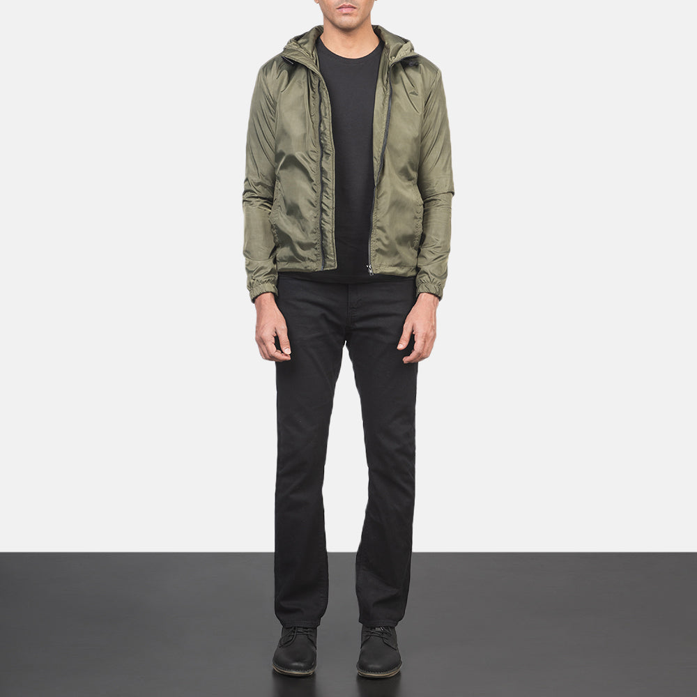 
Jimmy Grün Hooded Windbreaker Lederjacke für Herren - Seitenansicht mit ergonomischem Ärmelschnitt & sportlicher Passform
