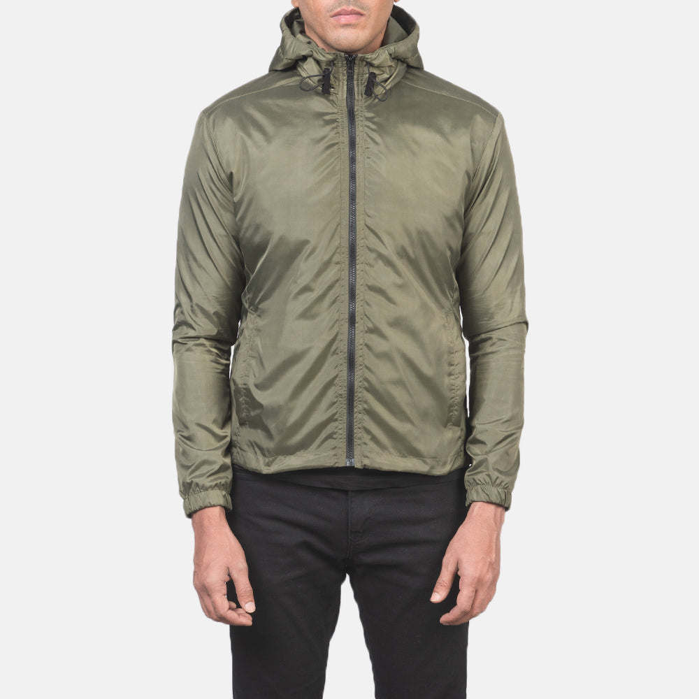 
Detailansicht of High Neck with Hood & Zipper with wind flap Hardware on Jimmy Grün Hooded Windbreaker Lederjacke für Herren
