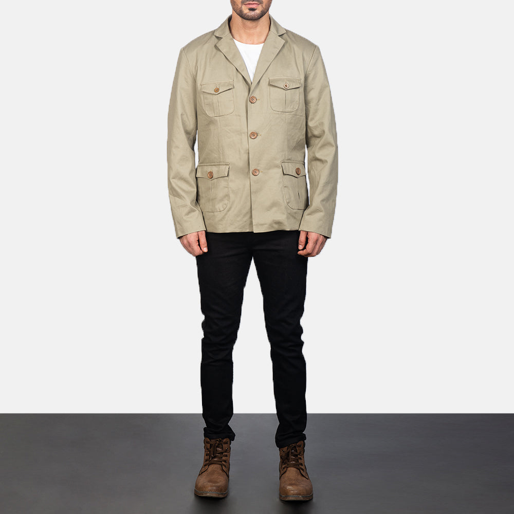 Kajetan Beige Safari Lederjacke für Herren - Seitenansicht mit ergonomischem Ärmelschnitt
